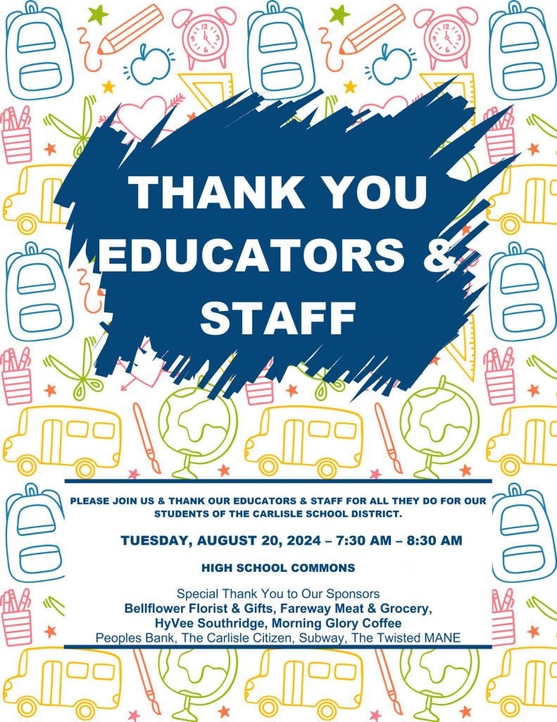 A colorful flyer with doodles of school-related items like buses, apples, and books. It says "Thank You Educators & Staff" and details an appreciation event on August 20, 2024, from 7:30 AM to 8:30 AM in the high school commons. Sponsors are listed at the bottom.