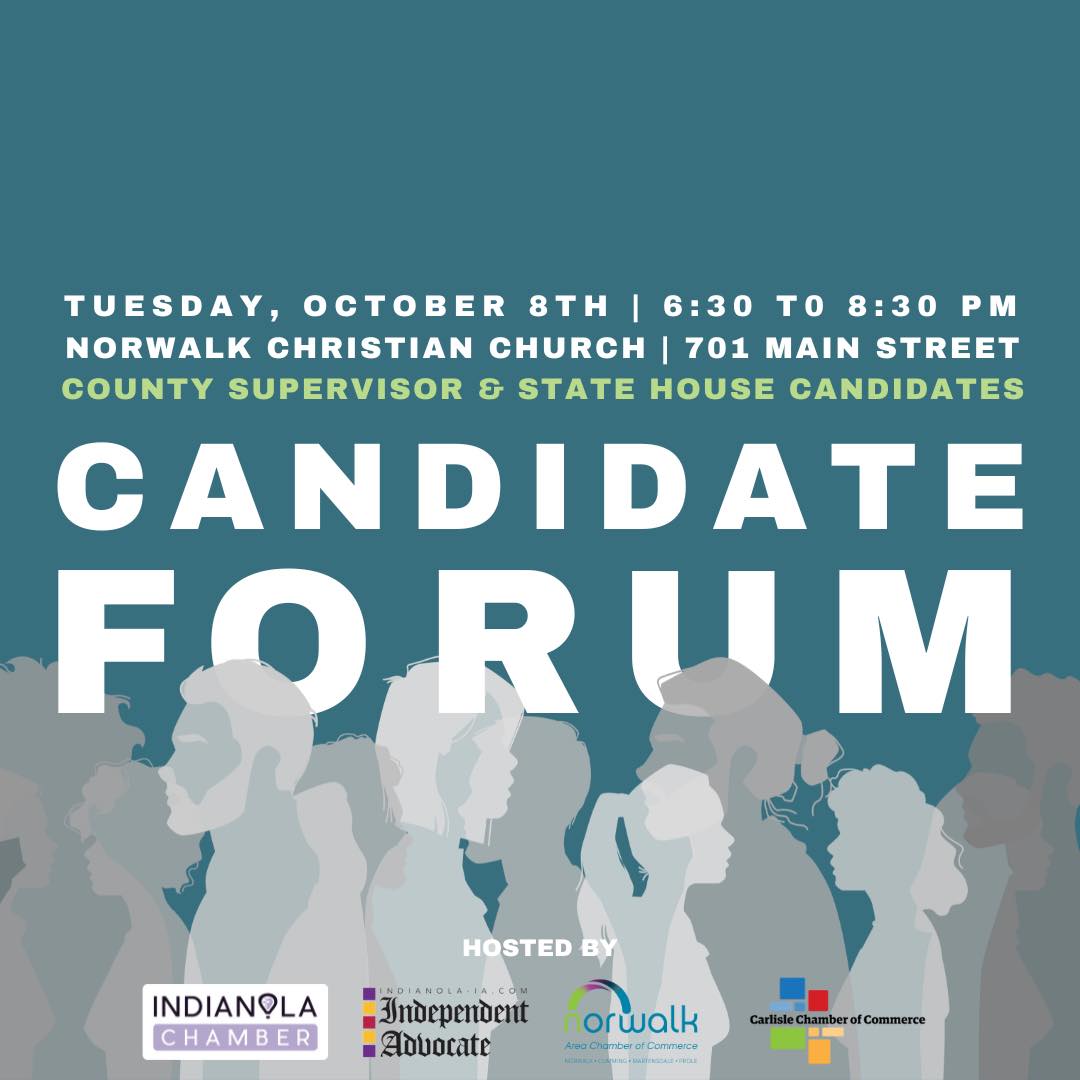 Advertisement for a Candidate Forum event. The event is scheduled for Tuesday, October 8th, from 6:30 PM to 8:30 PM at Norwalk Christian Church, 701 Main Street. The forum features County Supervisor and State House candidates and is hosted by four organizations.