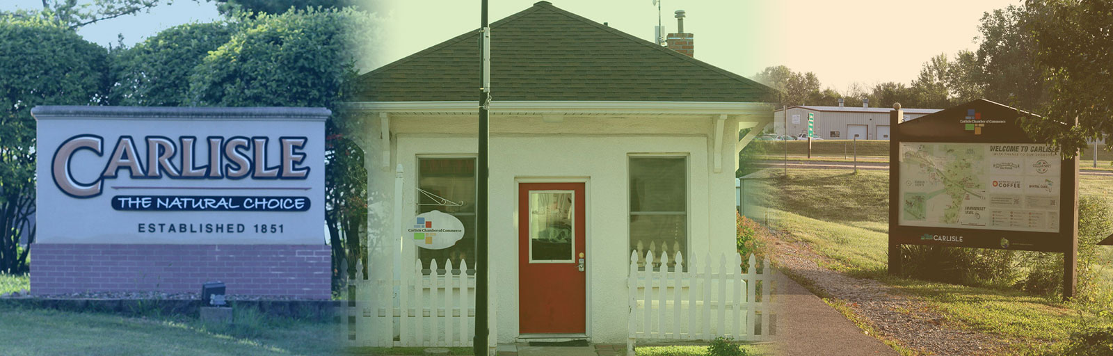 A collage featuring a "Carlisle, The Natural Choice, Established 1851" sign on the left, a small white building with a red door in the center, and a welcome sign with a map and information about Carlisle on the right. Trees and greenery are in the background.