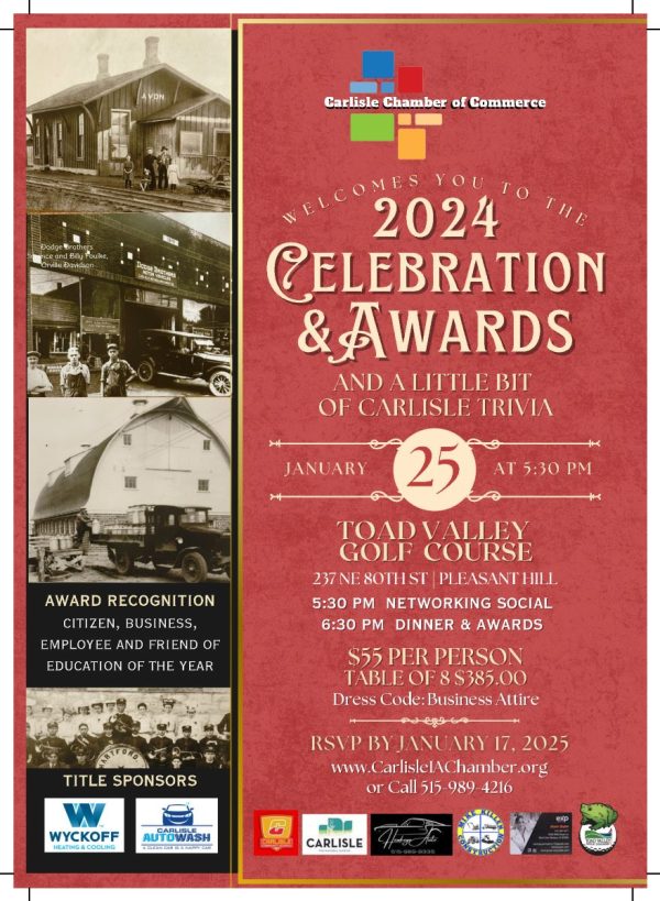 A promotional poster for the 2024 Celebration & Awards event hosted by the Carlisle Chamber of Commerce on January 25 at Toad Valley Golf Course. Features images of local landmarks and sponsor logos. RSVP and dress code details are included.