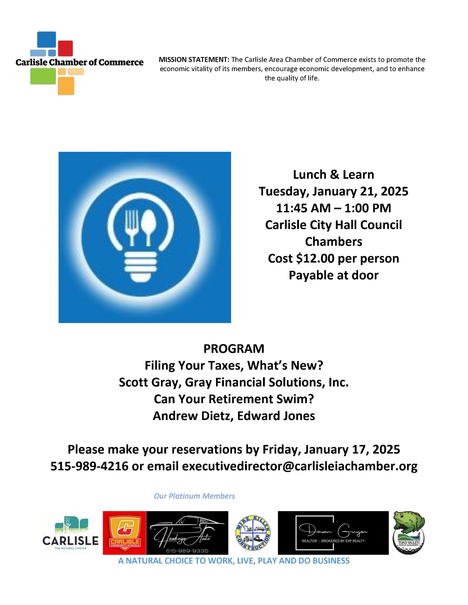 Flyer for Carlisle Chamber of Commerce Lunch & Learn event on January 21, 2025. Includes time, location, cost, and RSVP details. Program features talks on taxes and retirement by Scott Gray and Andrew Dietz. Sponsors and logos are displayed.