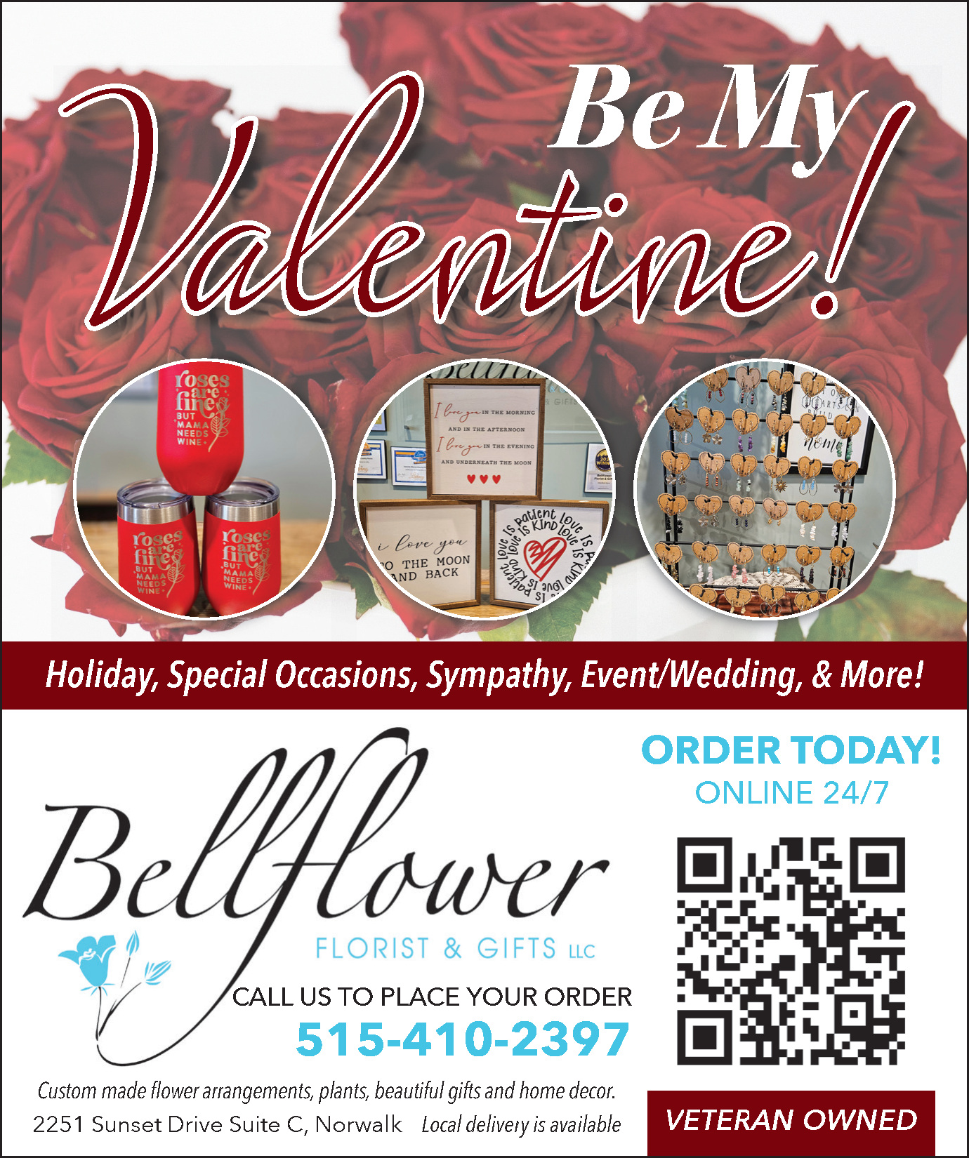 A flyer for Bellflower Florist & Gifts featuring roses, a QR code, and contact details. Includes Valentine’s Day gifts like mugs, decor, and ornaments. Emphasizes online ordering and shows it's a veteran-owned business. Located in Norwalk.