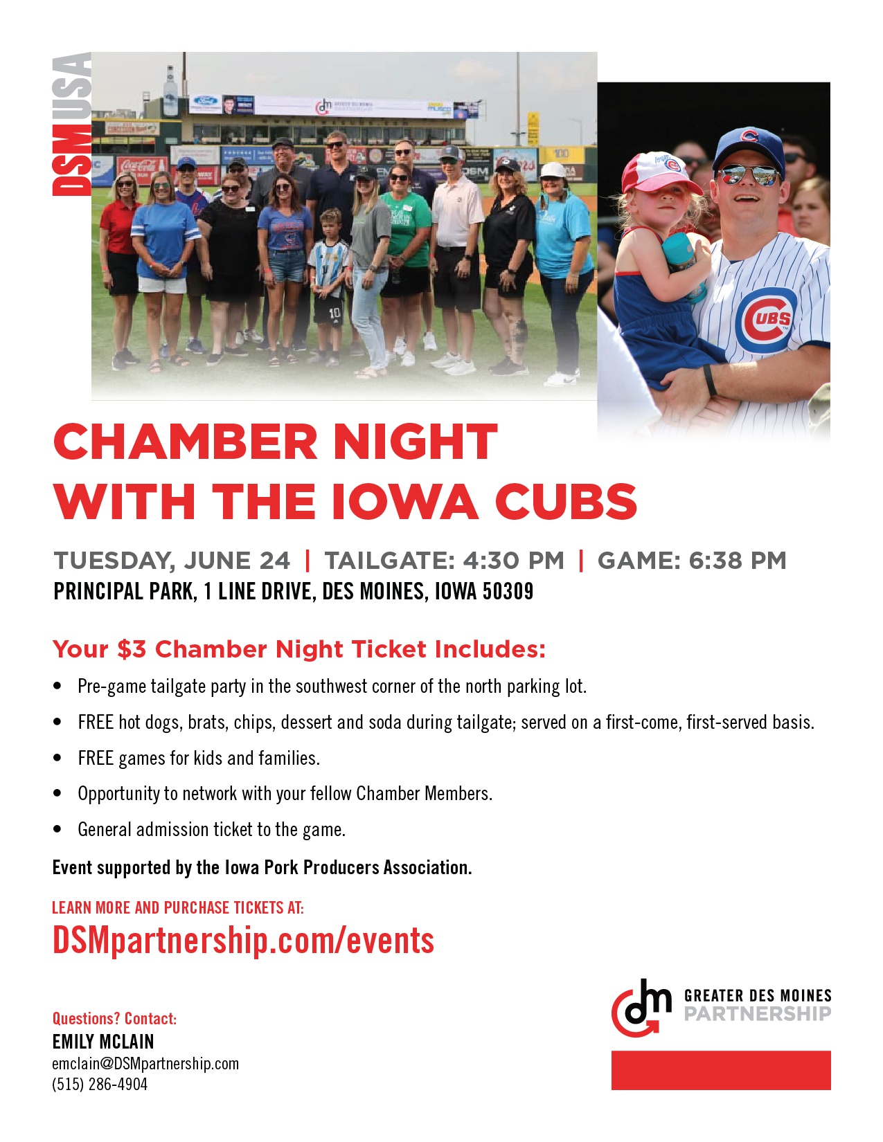 A group of people, including children and adults, pose on a baseball field. An inset shows a man holding a small child wearing sunglasses and a Chicago Cubs shirt. Event details for "Chamber Night with the Iowa Cubs" are displayed.