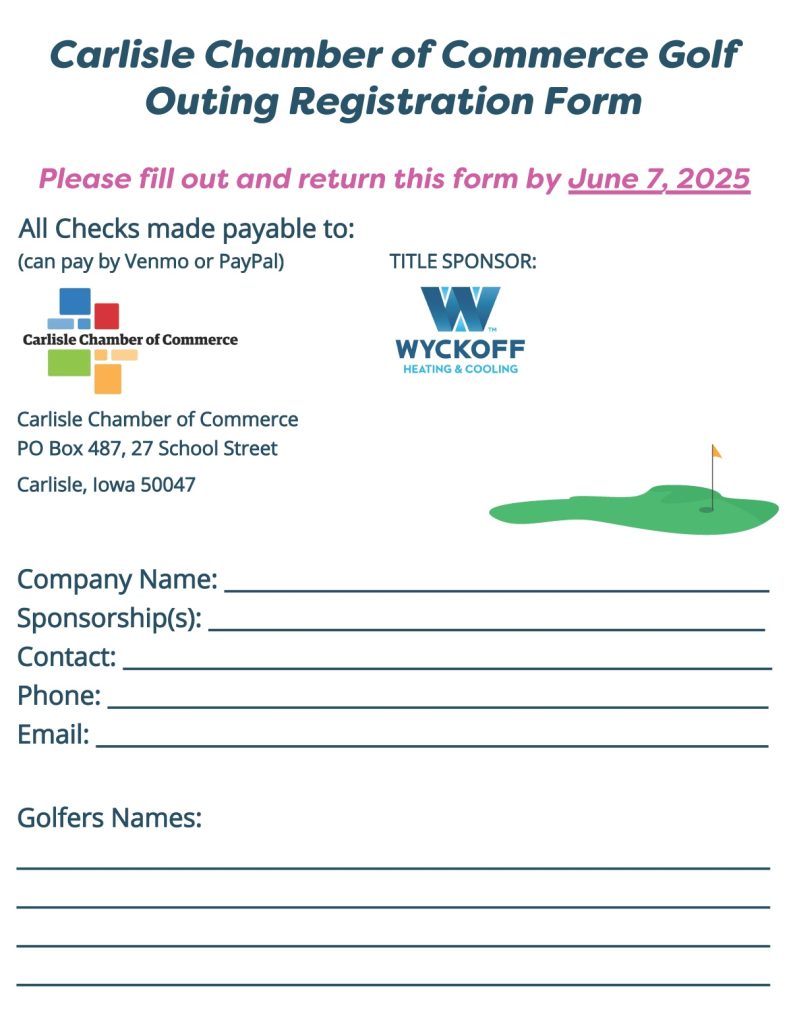 Golf outing registration form for the Carlisle Chamber of Commerce, with sponsor logos, fields for company, sponsorships, contact info, and golfer names; checks due by June 7, 2025.