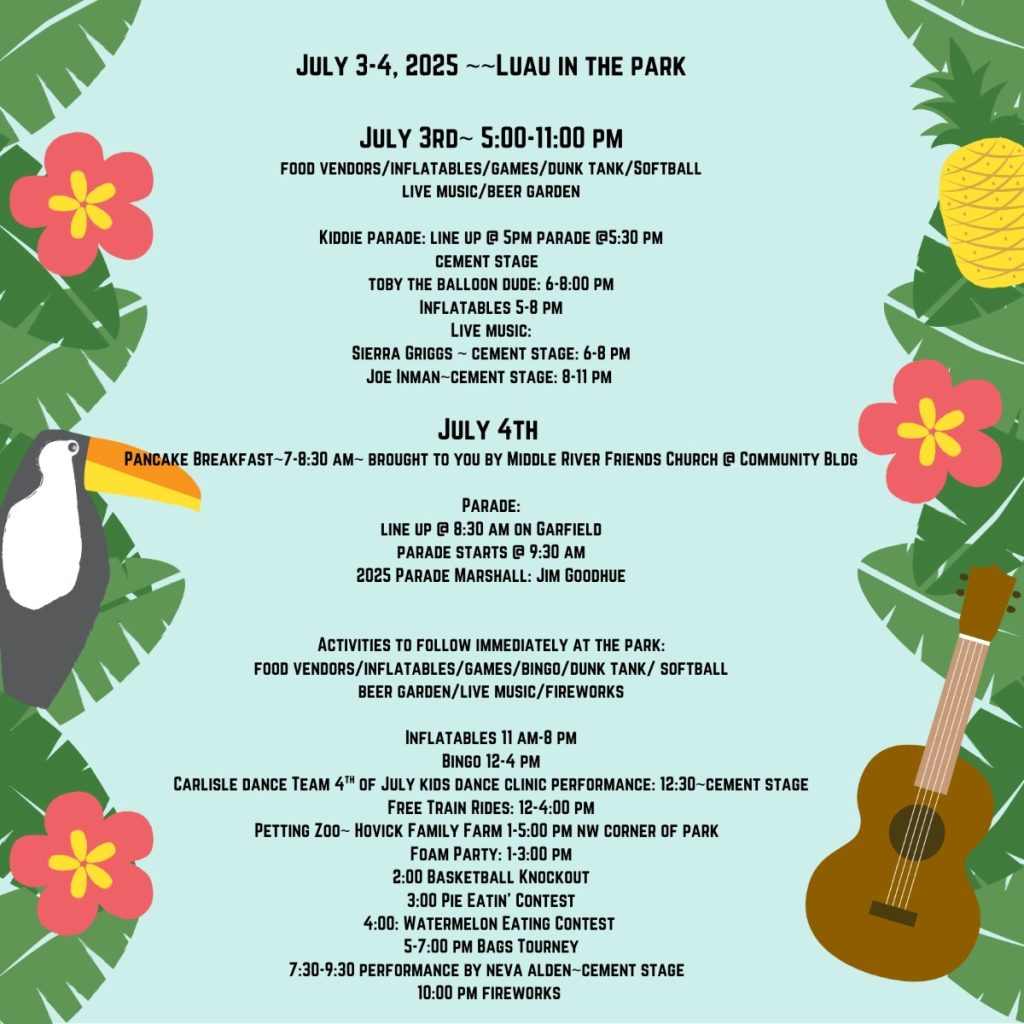 Colorful luau event flyer with tropical leaves, a pineapple, and a guitar, listing July 3-4, 2025 park activities, parade, food vendors, inflatables, live music, and fireworks in a festive design.