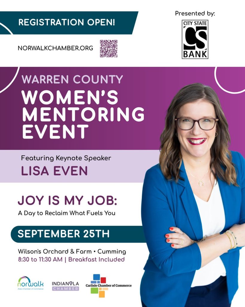 Event flyer for "Warren County Women’s Mentoring Event," featuring keynote speaker Lisa Even. The event is on September 25th, 8:30–11:30 AM, at Wilson’s Orchard & Farm; breakfast included. A smiling woman stands with arms crossed.