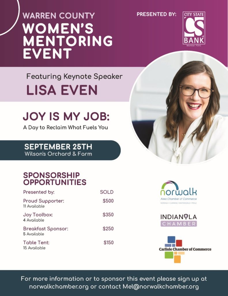 A flyer for the Warren County Women’s Mentoring Event, featuring keynote speaker Lisa Even. The event is on September 25th at Wilson’s Orchard & Farm. Sponsorship opportunities and contact details are also listed.