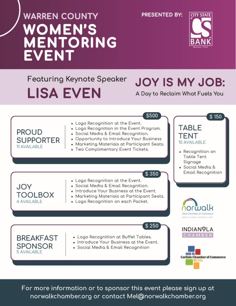 Flyer for the Warren County Women’s Mentoring Event, featuring Lisa Even. Includes sponsorship levels, benefits, prices ($50-$250), logos of sponsors, and contact info for event sign-up and questions.