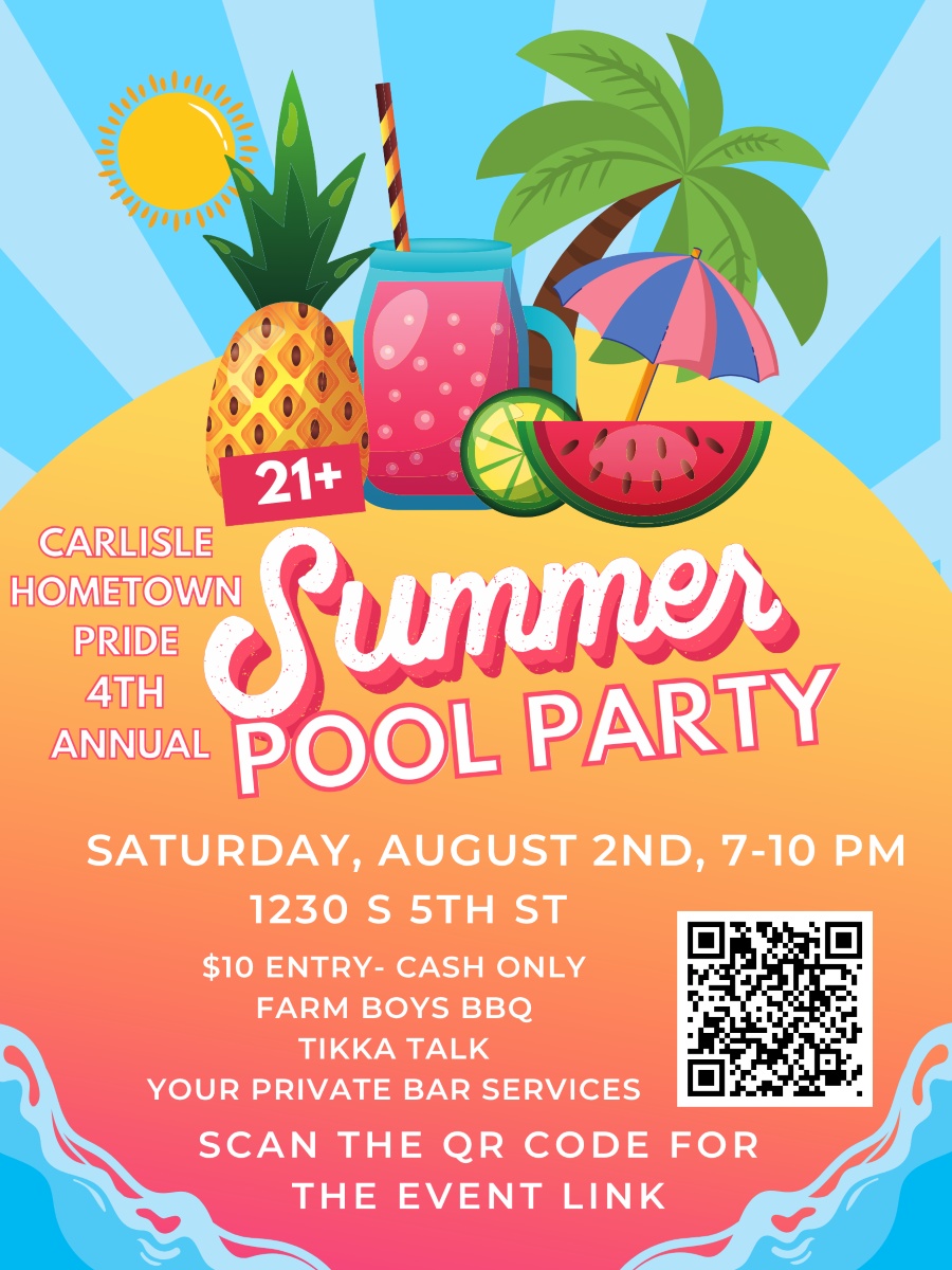 Colorful flyer for a 21+ summer pool party with tropical fruit, a drink, and palm trees. Event is August 2nd, 7–10 PM at 1230 S 5th St. Entry $10 cash, with BBQ, drinks, and QR code for more info.
