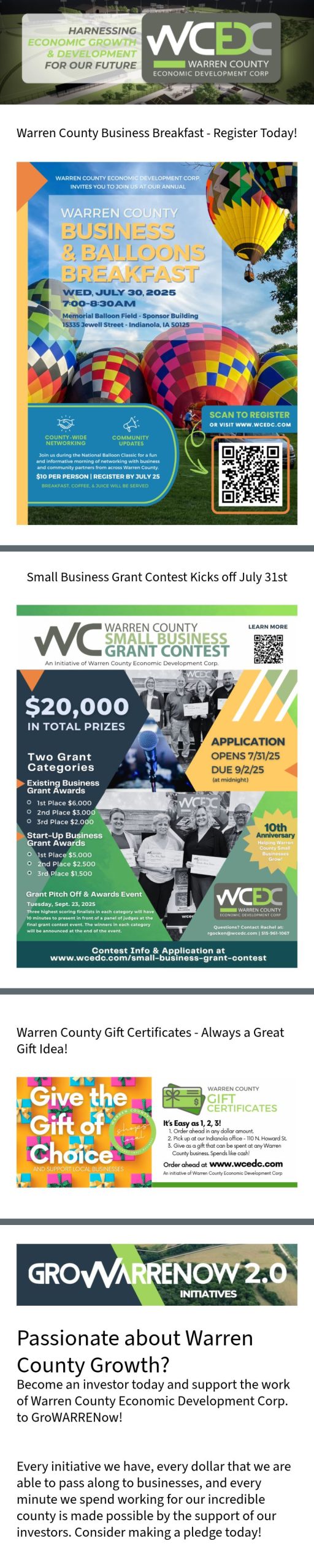 A promotional flyer for the Warren County Economic Development Corporation features event announcements, a small business grant contest, gift certificates, and information about the “Grow Warren Now 2.0” growth initiative.