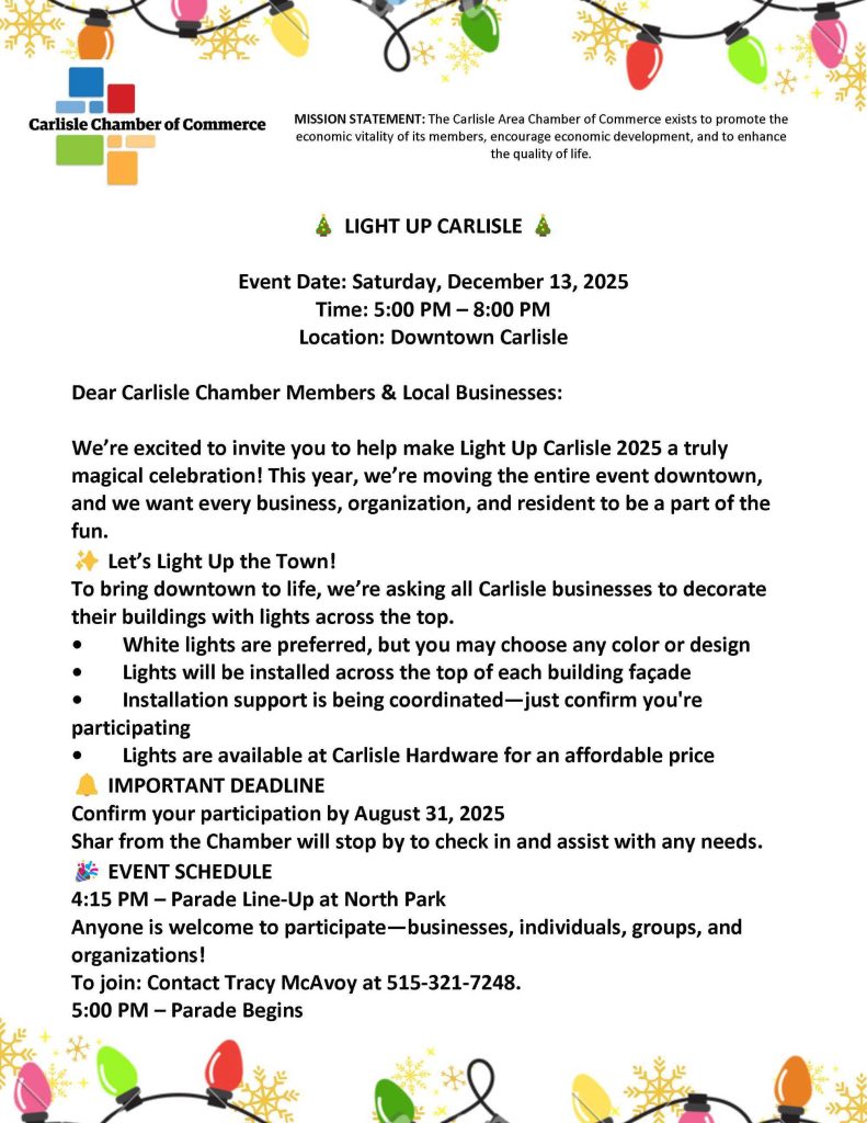 Flyer for Carlisle Chamber of Commerce’s “Light Up Carlisle” event on December 13, 2025, 5–8 p.m. in downtown Carlisle. Businesses are encouraged to decorate for the holiday, with a parade at 4:15 p.m. and contact info provided.