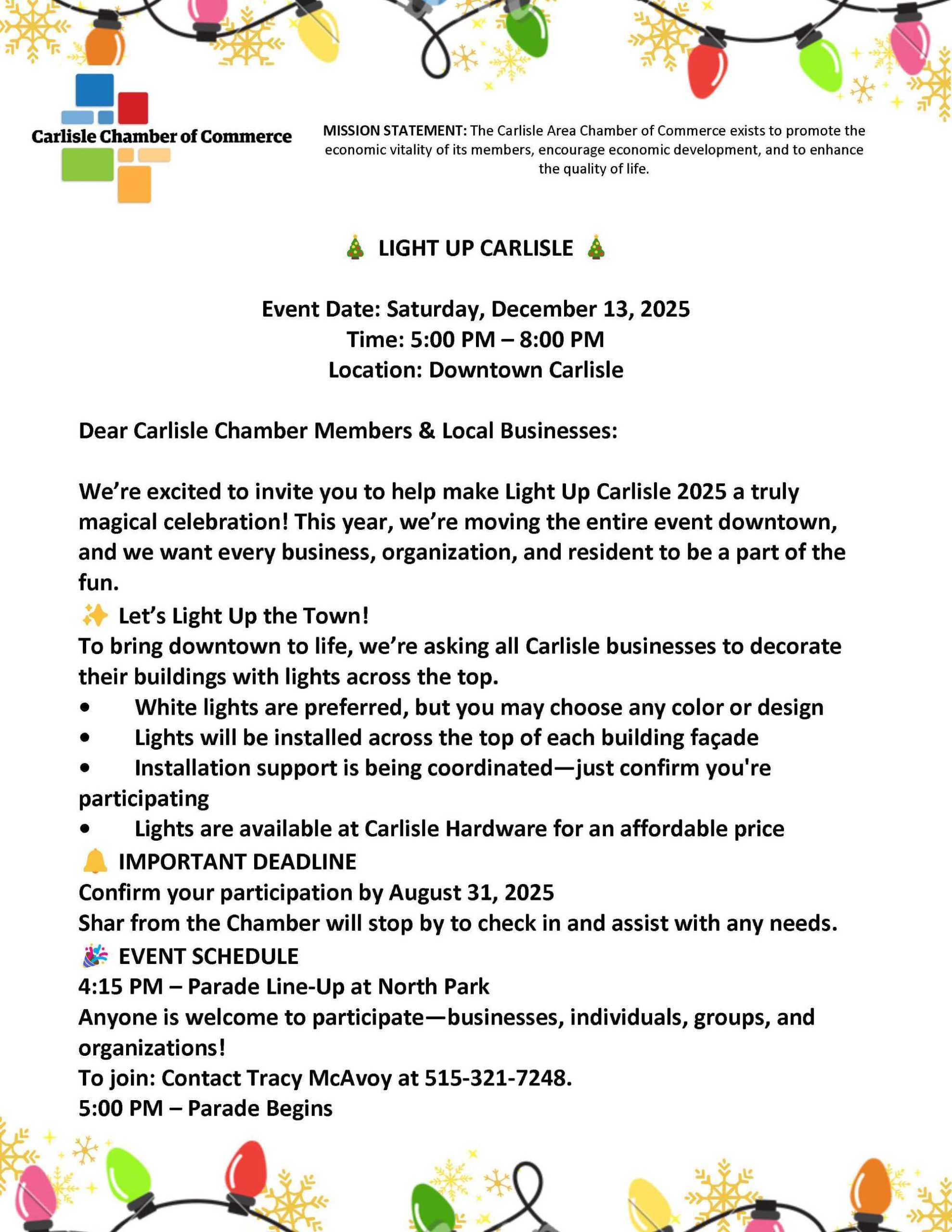 Flyer for Carlisle Chamber of Commerce’s “Light Up Carlisle” event on December 13, 2025, 5–8 p.m. in downtown Carlisle. Businesses are encouraged to decorate for the holiday, with a parade at 4:15 p.m. and contact info provided.
