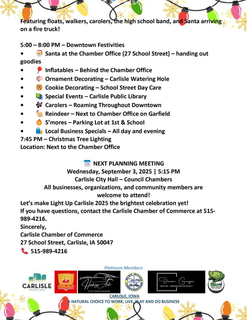 A festive event flyer with colorful icons and holiday decorations. It lists activities like caroling, a school choir, crafts, food, and a Christmas tree lighting in downtown Carlisle on December 7, 2025. Contact info included.
