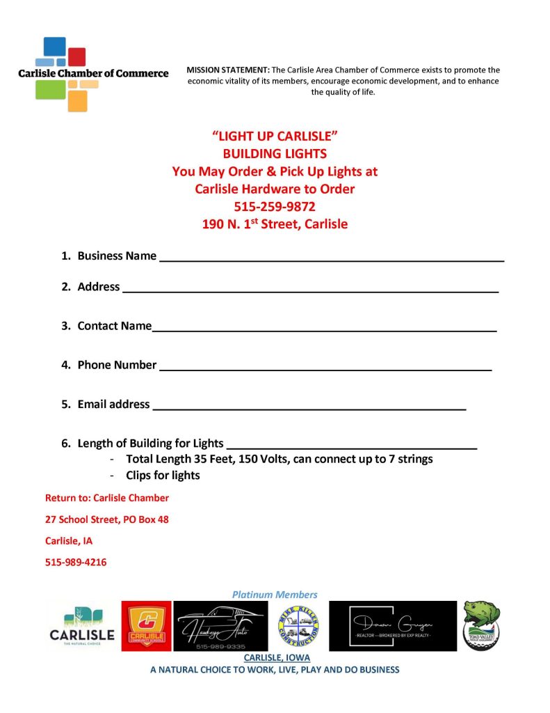 Order form titled “LIGHT UP CARLISLE BUILDING LIGHTS” from Carlisle Chamber of Commerce, with lines for business and contact info, string light order options, and payment instructions. Logos appear at the top and bottom.