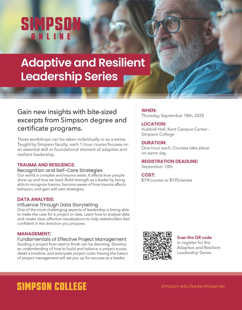 Flyer for "Adaptive and Resilient Leadership Series" by Simpson Online, with course info, description, date, location, cost, registration deadline, and QR code for more details. Background features red, grey, and white sections.
