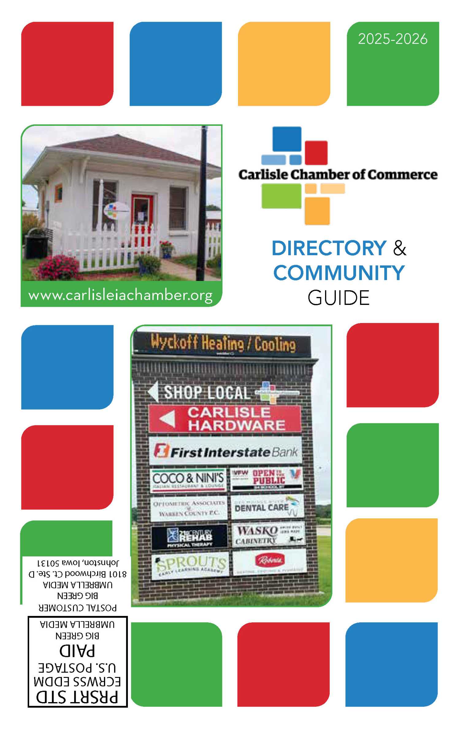 Directory cover with colorful blocks, Carlisle Chamber of Commerce logo, a small white building photo, business directory sign, and website www.carlisleiachamber.org. Text: "2025-2026 Directory & Community Guide.