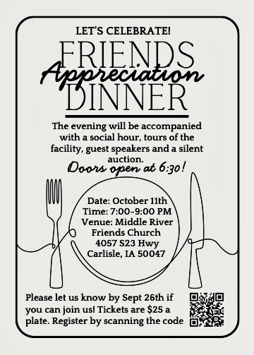 Black and white flyer for a Friends Appreciation Dinner with event details, including date, time, venue, RSVP info, and a QR code. Features outlined fork, knife, and plate graphics for decoration.