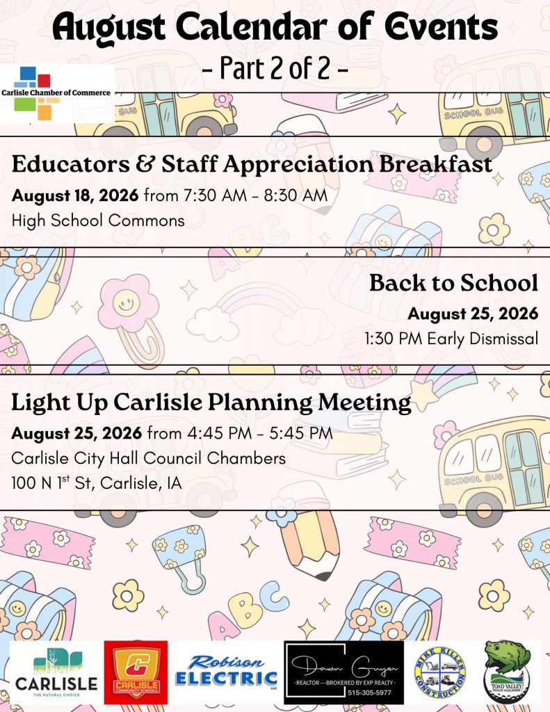 August event calendar with pastel school-themed background. Includes Educators & Staff Breakfast on August 18, Back to School on August 25, and Planning Meeting on August 25 at Carlisle locations. Sponsor logos at the bottom.