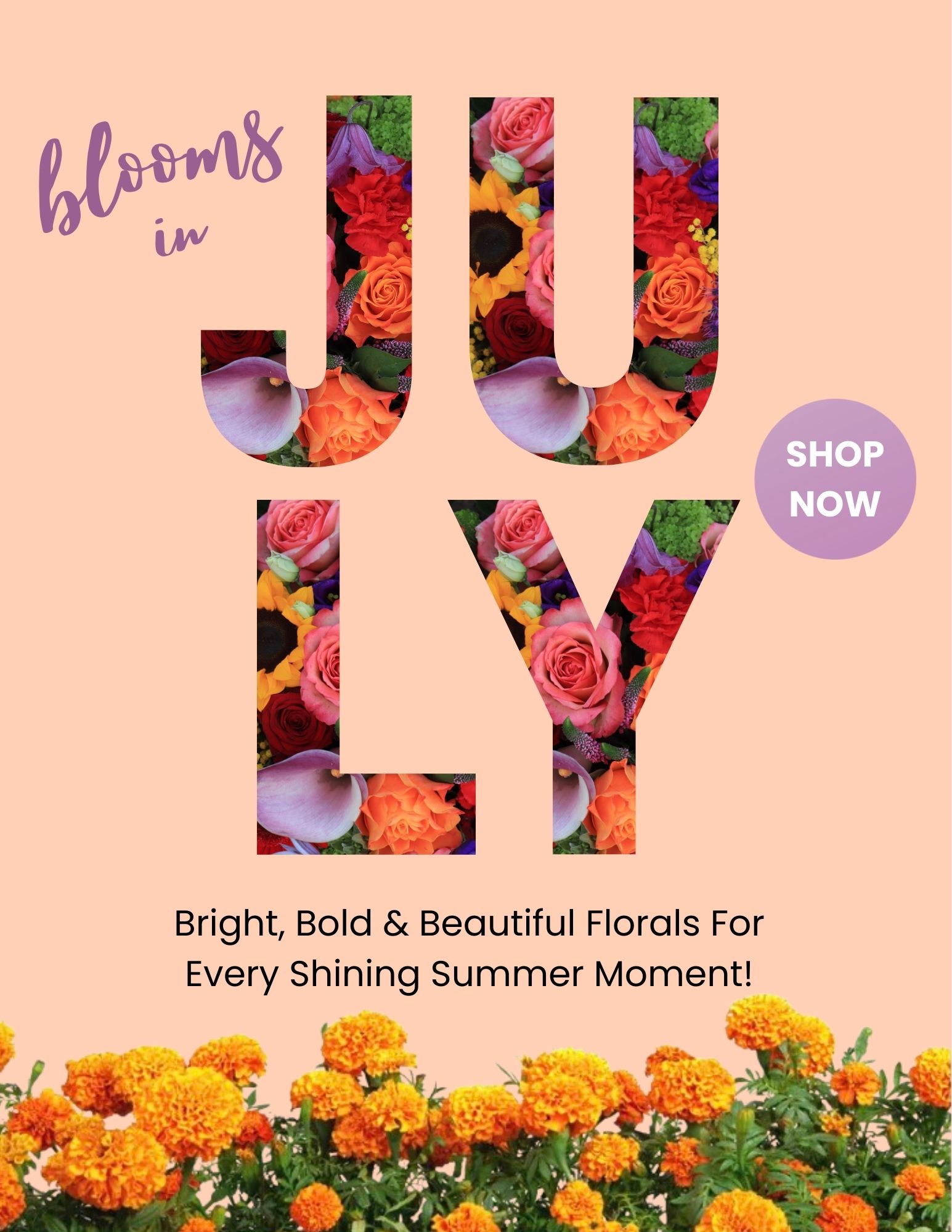 Large 'JULY' text filled with colorful flowers, 'blooms in' written above, marigolds below, and a 'Shop Now' button to the right. Text: Bright, bold florals for every shining summer moment.". Also links to Bellflower's website.