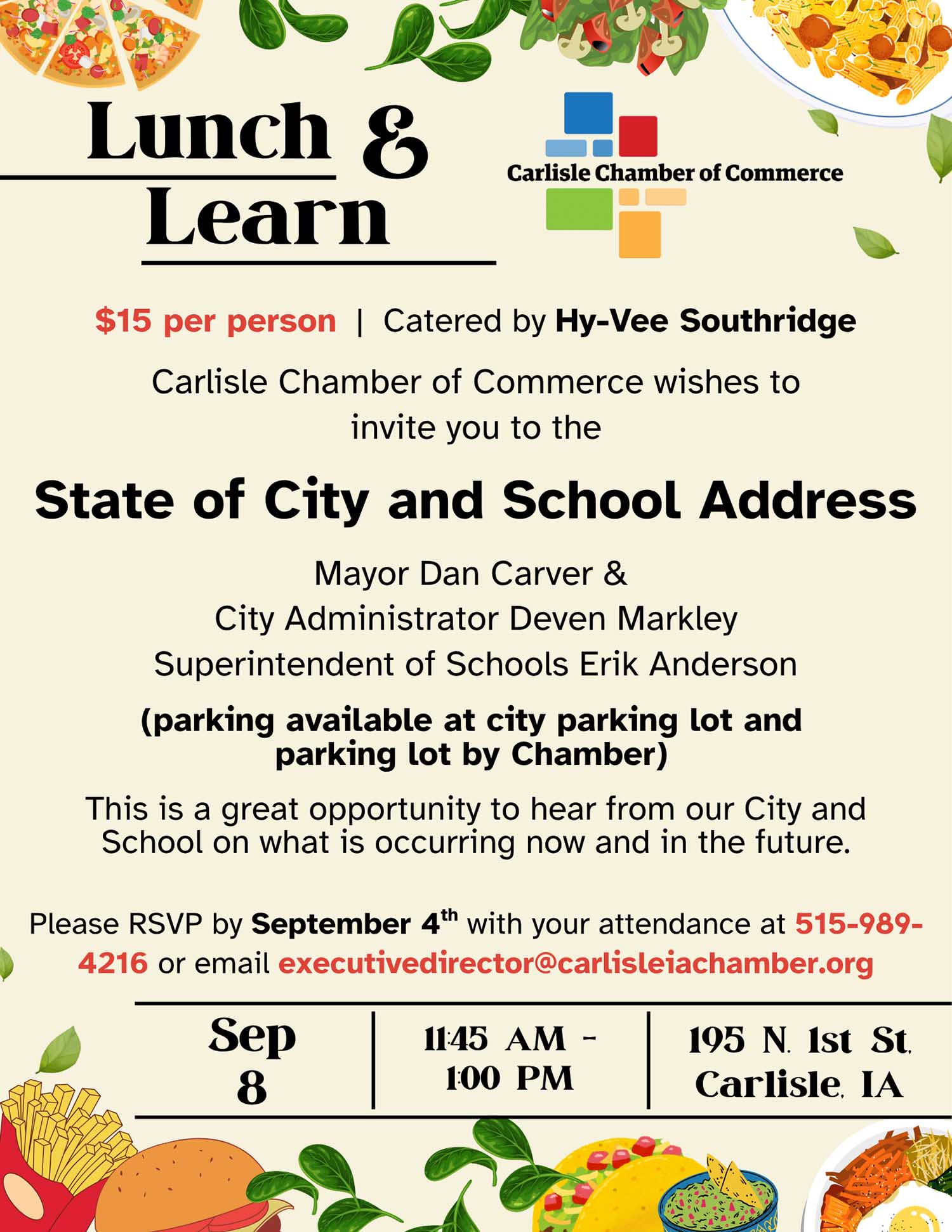 Flyer for a Lunch & Learn event by Carlisle Chamber of Commerce on Sept. 8, 11:45 AM-1:00 PM, featuring city and school officials. RSVP by Sept. 4. Lunch is $15 per person, catered by Hy-Vee Southridge.