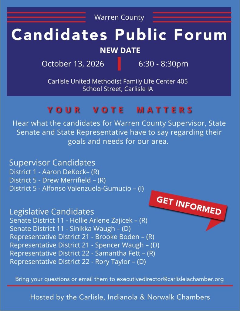 Flyer for the Warren County Candidates Public Forum on October 13, 2026, listing supervisor and legislative candidates, event details, and contact information for questions.