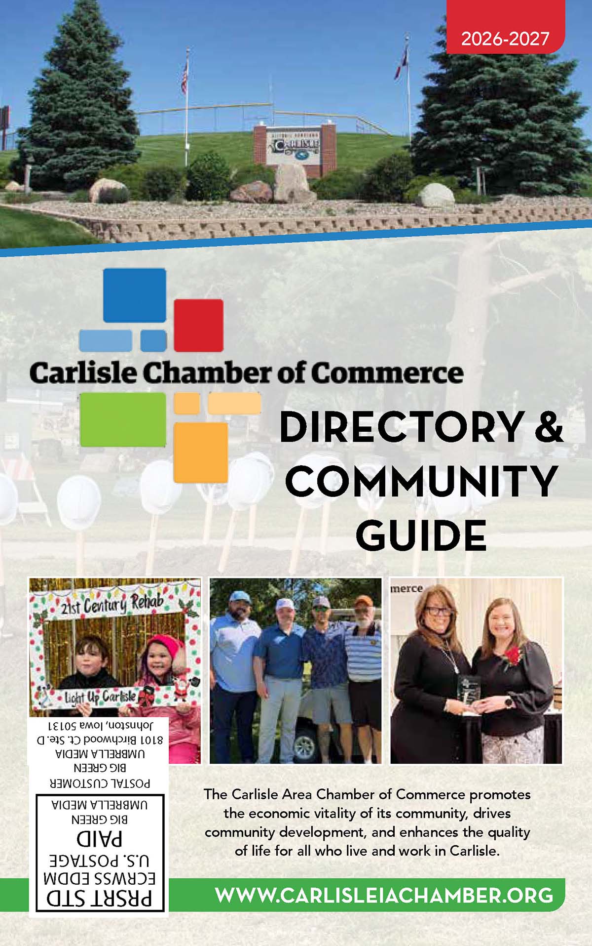 Cover of the Carlisle Chamber of Commerce 2026-2027 directory, featuring the Chamber logo, photos of community members and events, and a description of the Chamber’s role.