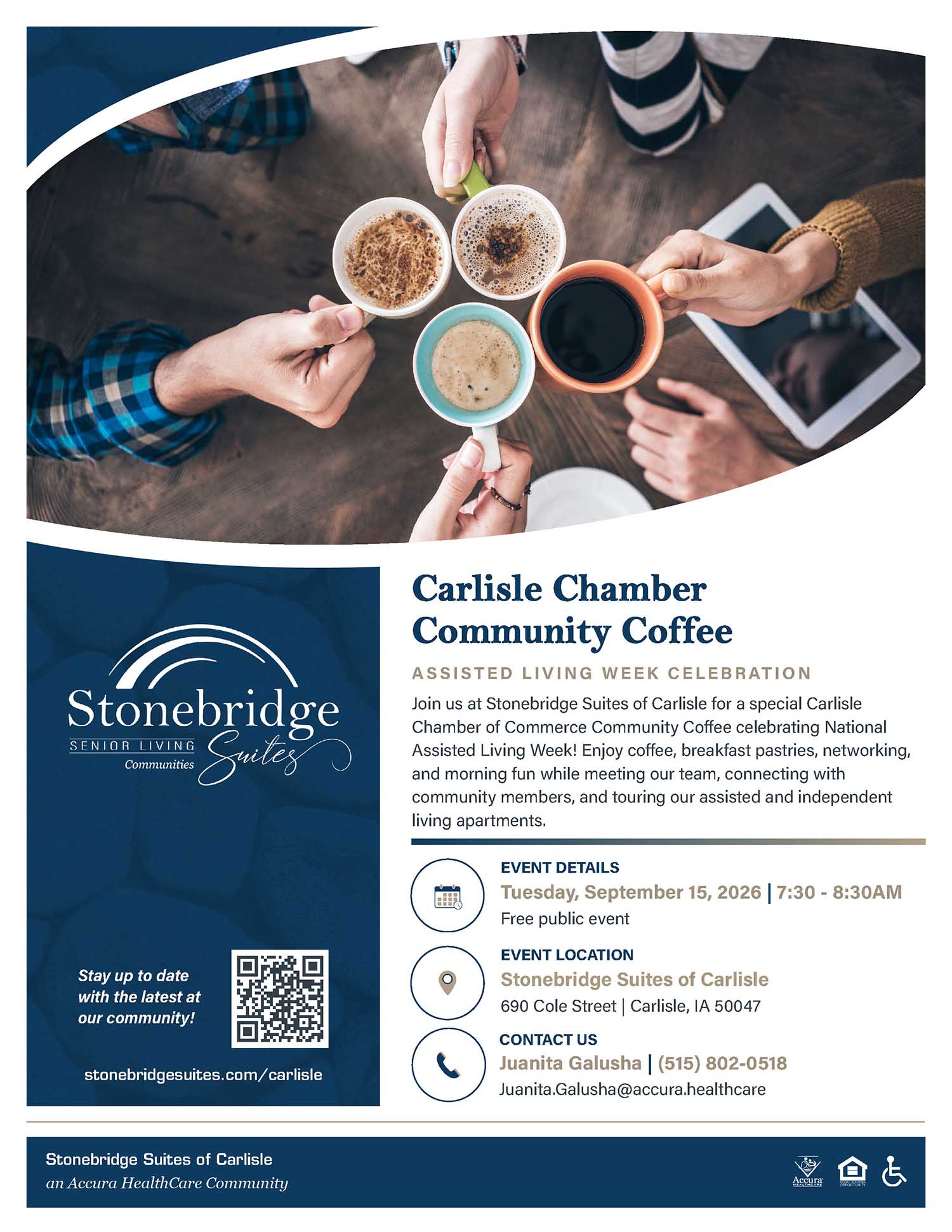 A flyer for a Carlisle Chamber event at Stonebridge Suites, with details for a community coffee on September 15, 2026, from 7:30 to 8:30 AM, featuring networking and breakfast, plus contact info and a photo of people drinking coffee.