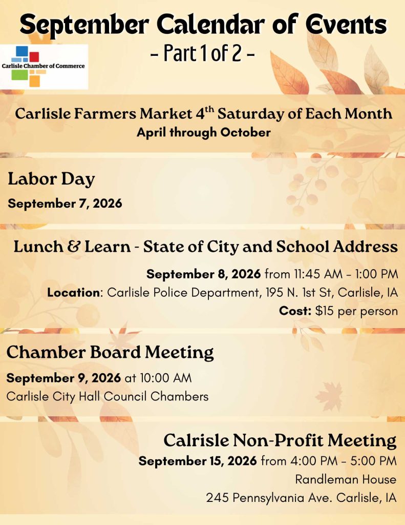 September event calendar for Carlisle, Iowa, with fall theme. Lists Farmers Market, Labor Day (Sep 7), Lunch & Learn, Chamber Board Meeting (Sep 9), and Non-Profit Meeting (Sep 26) with locations and times.