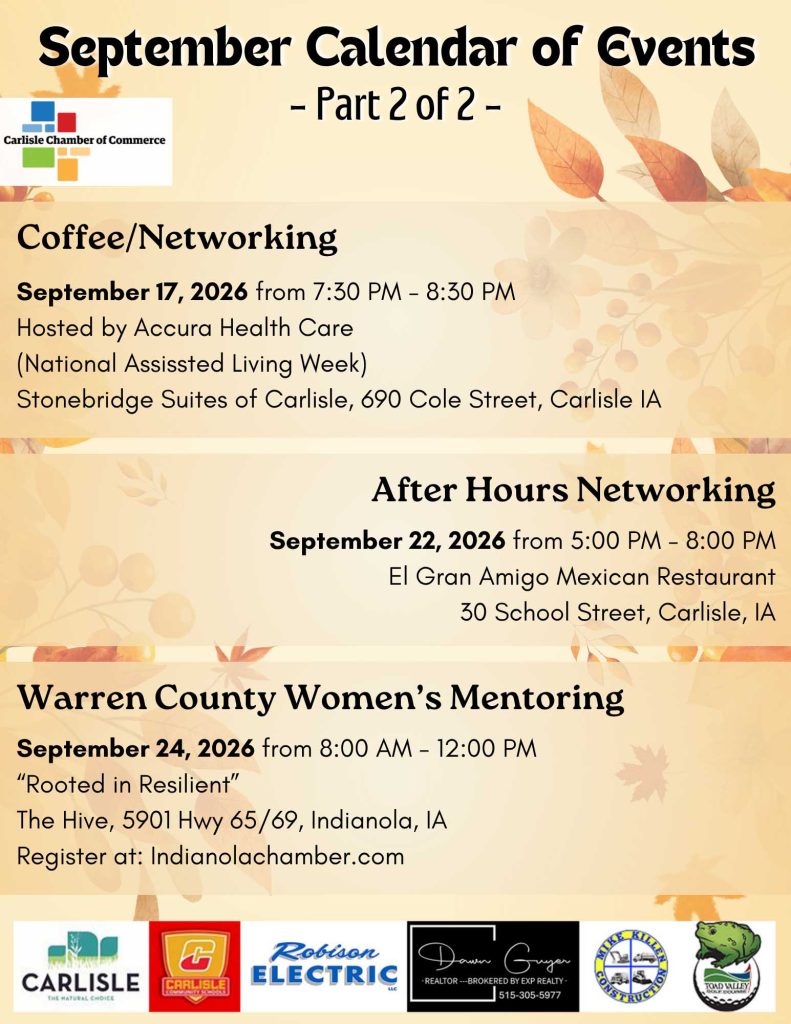 A September events calendar lists Coffee/Networking, After Hours Networking, and Women’s Mentoring events in Warren County, IA, with dates, times, locations, and sponsor logos at the bottom.