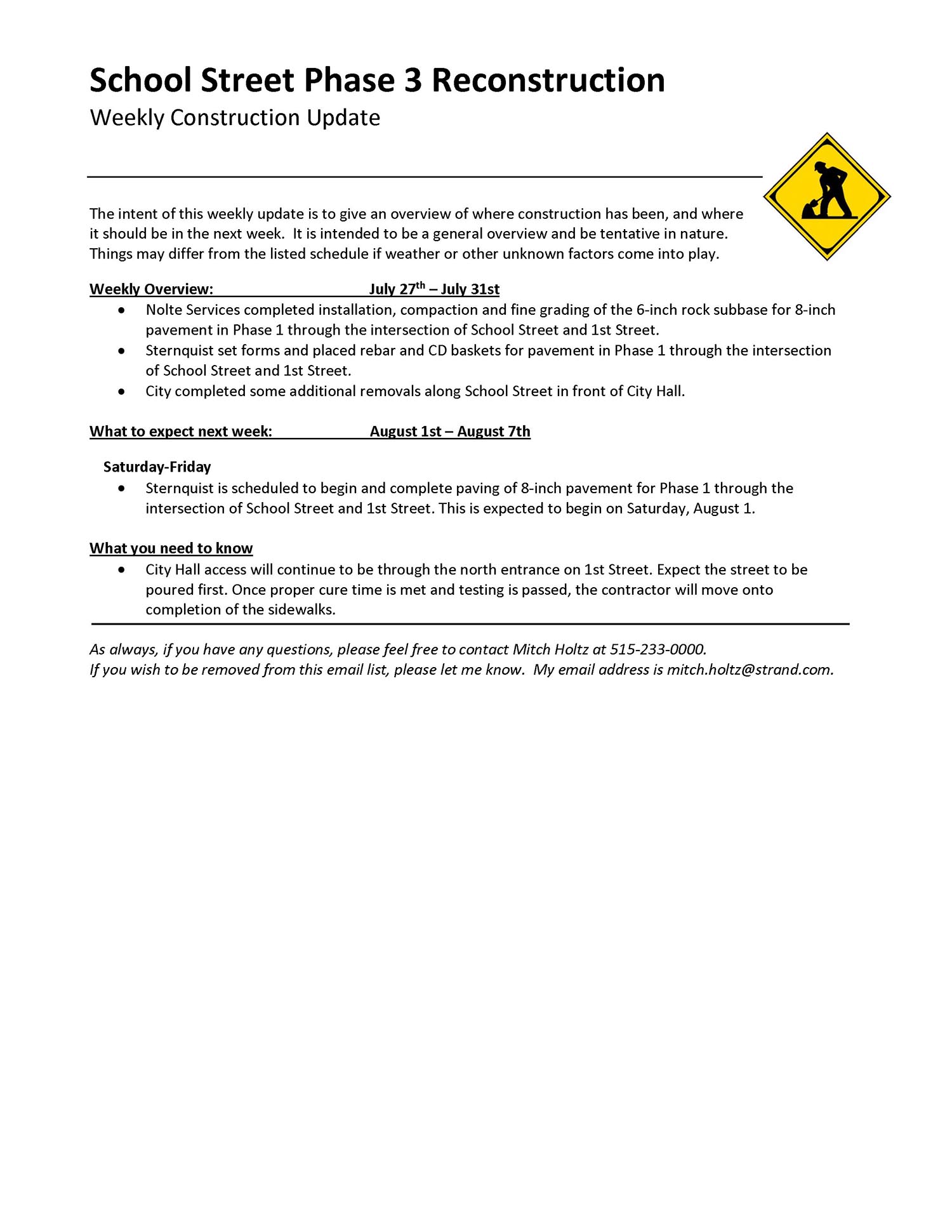 A construction update flyer titled “School Street Phase 3 Reconstruction” with weekly details, schedule, and contact info. A yellow road work sign is in the top right corner. The text outlines project phases and notes.