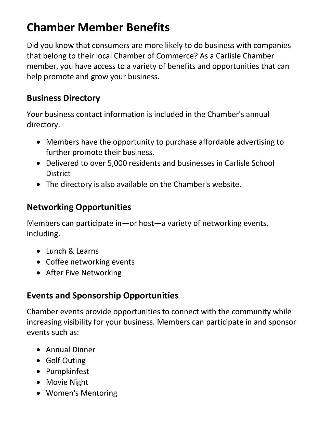 A flyer titled “Chamber Member Benefits” lists business directory, networking, and event sponsorship opportunities, including luncheons, golf outings, and more, for Carlisle Chamber of Commerce members.