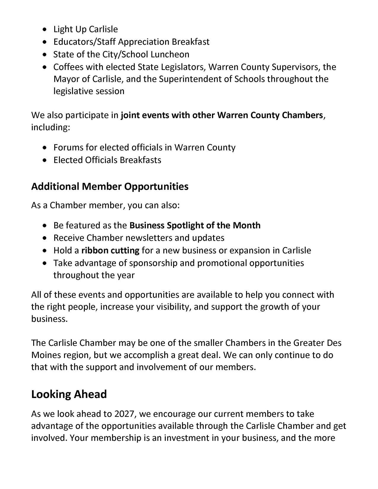 A flyer lists various opportunities and events offered by the Carlisle Chamber, including networking events, sponsorships, and recognitions like Business Spotlight of the Month, with a section encouraging future member involvement.