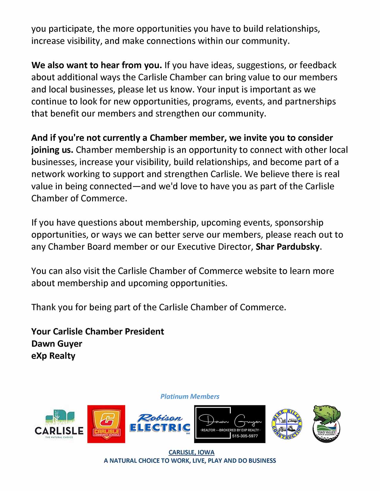 A letter from the Carlisle Chamber of Commerce encouraging membership, featuring information about joining, board contacts, and logos for Platinum Members at the bottom, including Carlisle Schools and Rodison Electric.