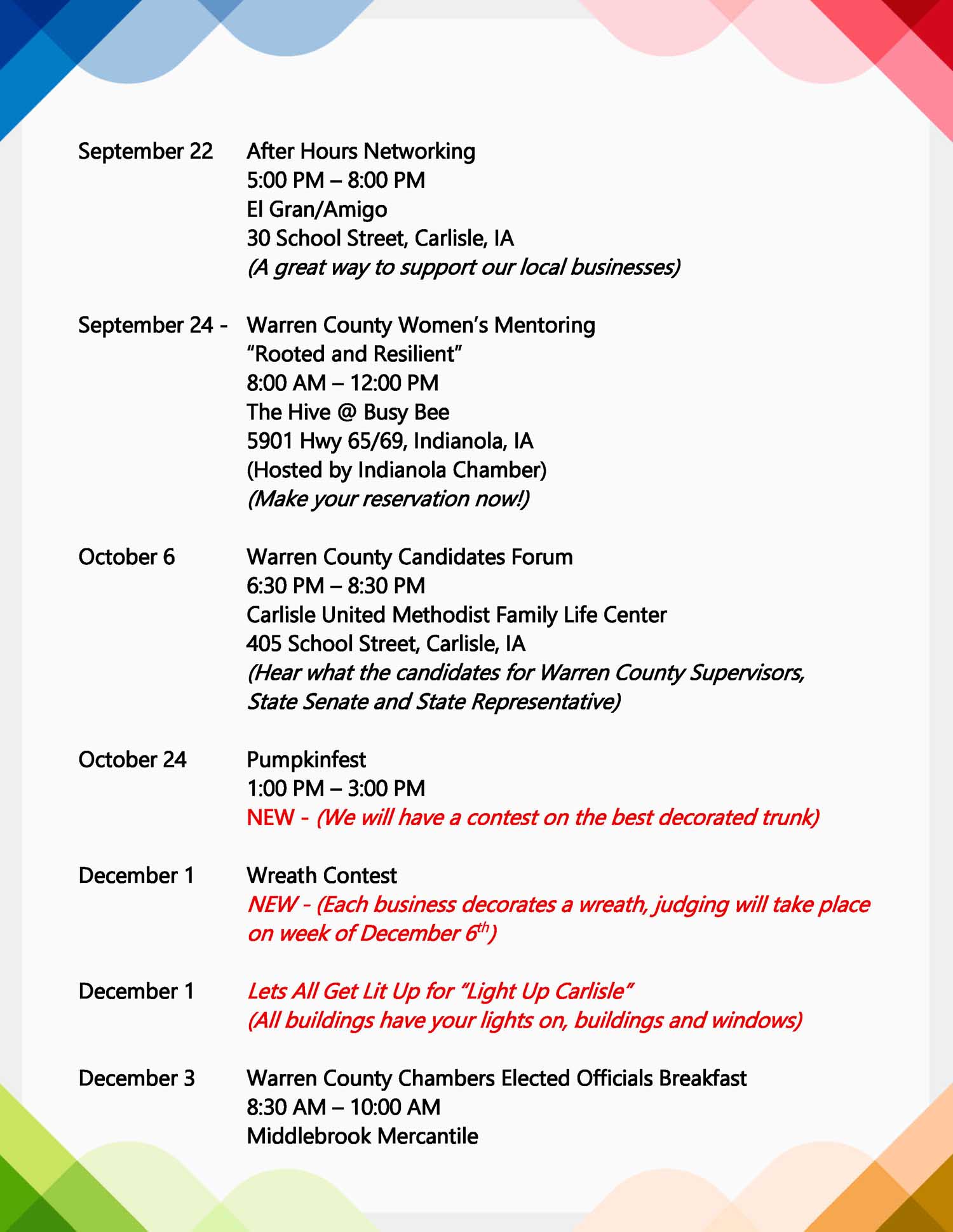 A colorful event flyer lists upcoming fall events with dates, times, locations, and brief descriptions, including networking, a candidates forum, a pumpkin fest, and holiday activities in Warren County, Iowa.