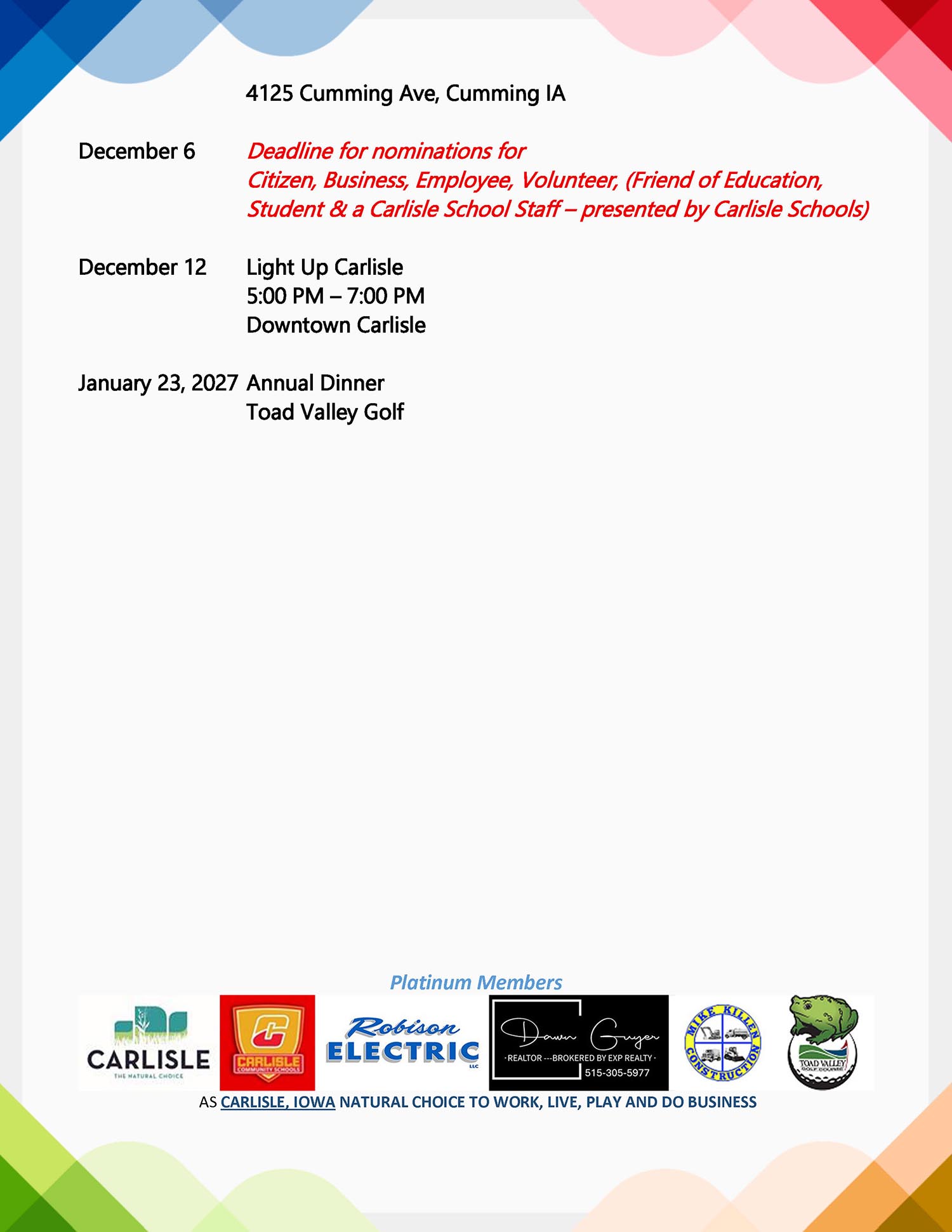 Calendar listing with events in Carlisle, IA, including nomination deadline (Dec 6), Light Up Carlisle event (Dec 12), and Annual Dinner (Jan 23, 2027), plus sponsor logos at the bottom.