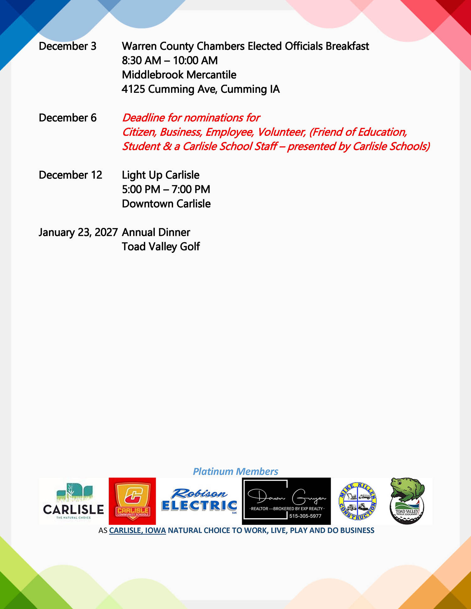 A flyer lists December and January events in Carlisle, Iowa, including an officials breakfast, a nomination deadline, a light-up event, and an annual dinner, with sponsor logos and a city slogan at the bottom.