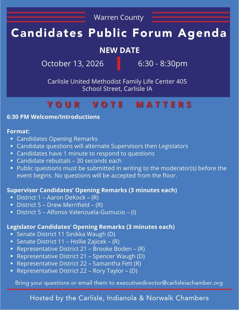 A flyer for the Warren County Candidates Public Forum Agenda on Oct 13, 2026, 6:30-8:30 pm at Carlisle United Methodist Family Life Center. Includes event details, schedule, and list of participating candidates.