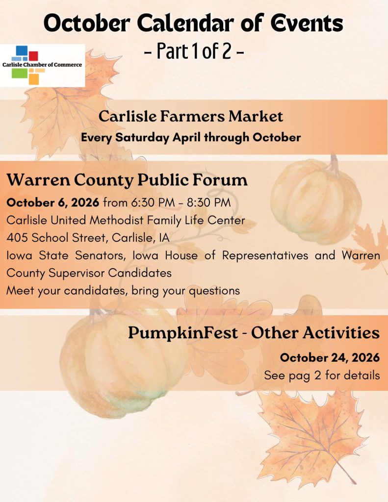 October event flyer listing Carlisle Farmers Market, Warren County Public Forum on October 6, and PumpkinFest on October 24, with autumn leaves and pumpkins as decorations. Hosted by Carlisle Chamber of Commerce.