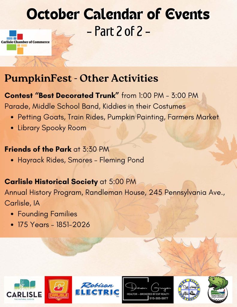 October events flyer with autumn leaves background. Highlights PumpkinFest’s activities: parade, contests, rides, pony rides, petting goats, pumpkin painting, library spooky room, and a historical society program. Logos at the bottom.