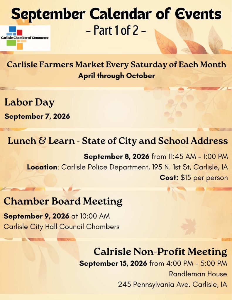 September event calendar for Carlisle, Iowa, with fall theme. Lists Farmers Markets, Labor Day (Sep 7), Lunch & Learn, Chamber Board Meeting (Sep 9), and Non-Profit Meeting (Sep 26) with locations and times.