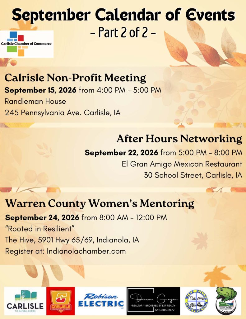 A September events calendar lists Non-Profit Meeting (Sep 15), After Hours Networking (Sep 22), and a Women’s Mentoring event in Warren County, IA (Sep 24), with dates, times, locations, and sponsor logos at the bottom.