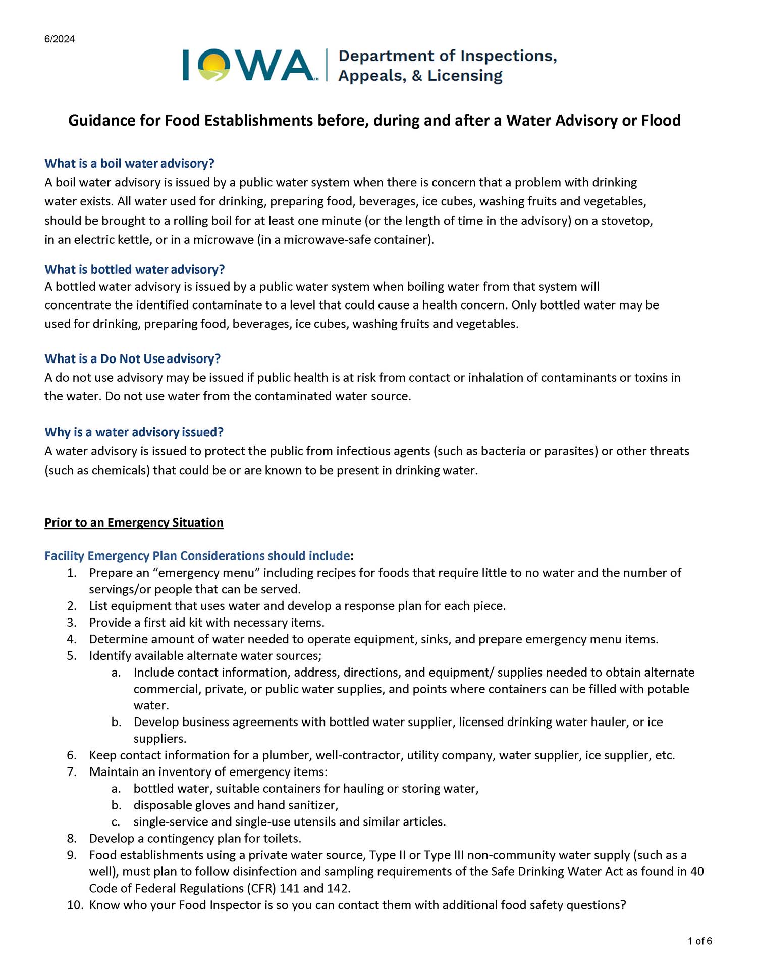 Health Code – Water Advisory Guidelines