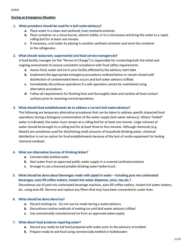 Informational document titled “During an Emergency Situation” that outlines food safety procedures during a boil water advisory, including guidelines for water treatment, restaurant operations, alternative water sources, and ice management.