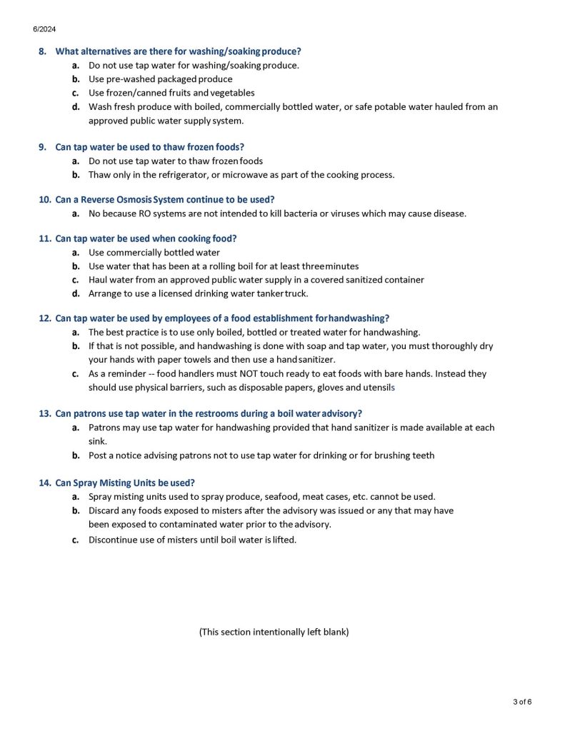 A document page numbered 3 of 6 containing frequently asked questions and answers regarding water usage guidelines during a boil water advisory, numbered 8 through 14.
