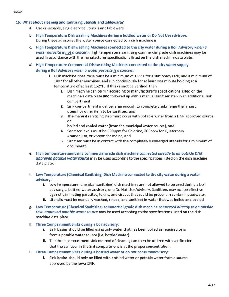Informational document outlining sanitation and dishwashing procedures during a water boil advisory, including requirements for high and low temperature machines and three-compartment sinks.