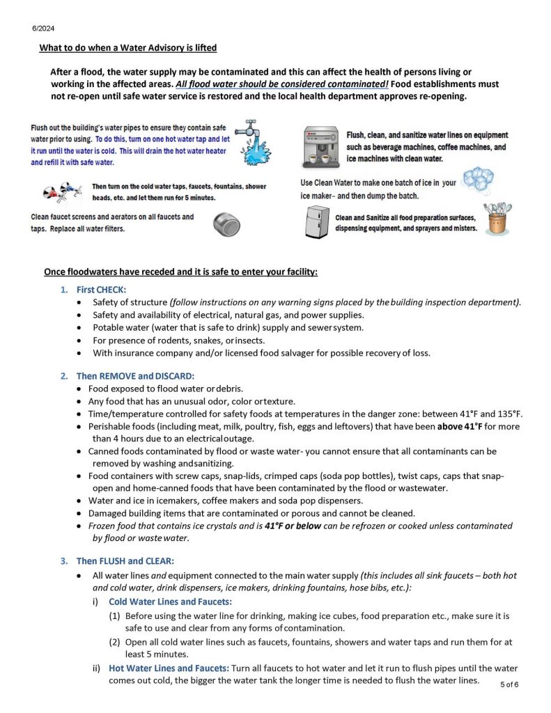 Infographic titled “What to do when a Water Advisory is lifted,” providing instructions on flushing water lines, sanitizing equipment, and discarding contaminated food after a flood.