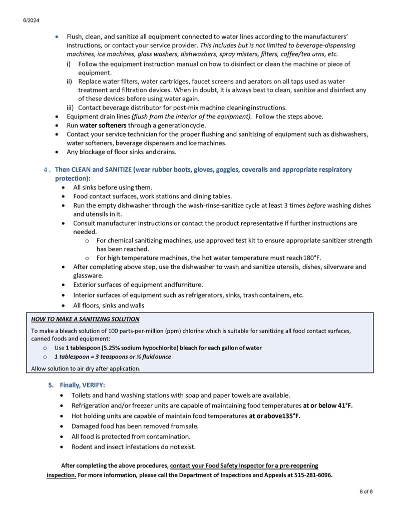 Instructions for cleaning and sanitizing food service equipment, including steps for using a chlorine solution and a final verification checklist for food safety inspectors.
