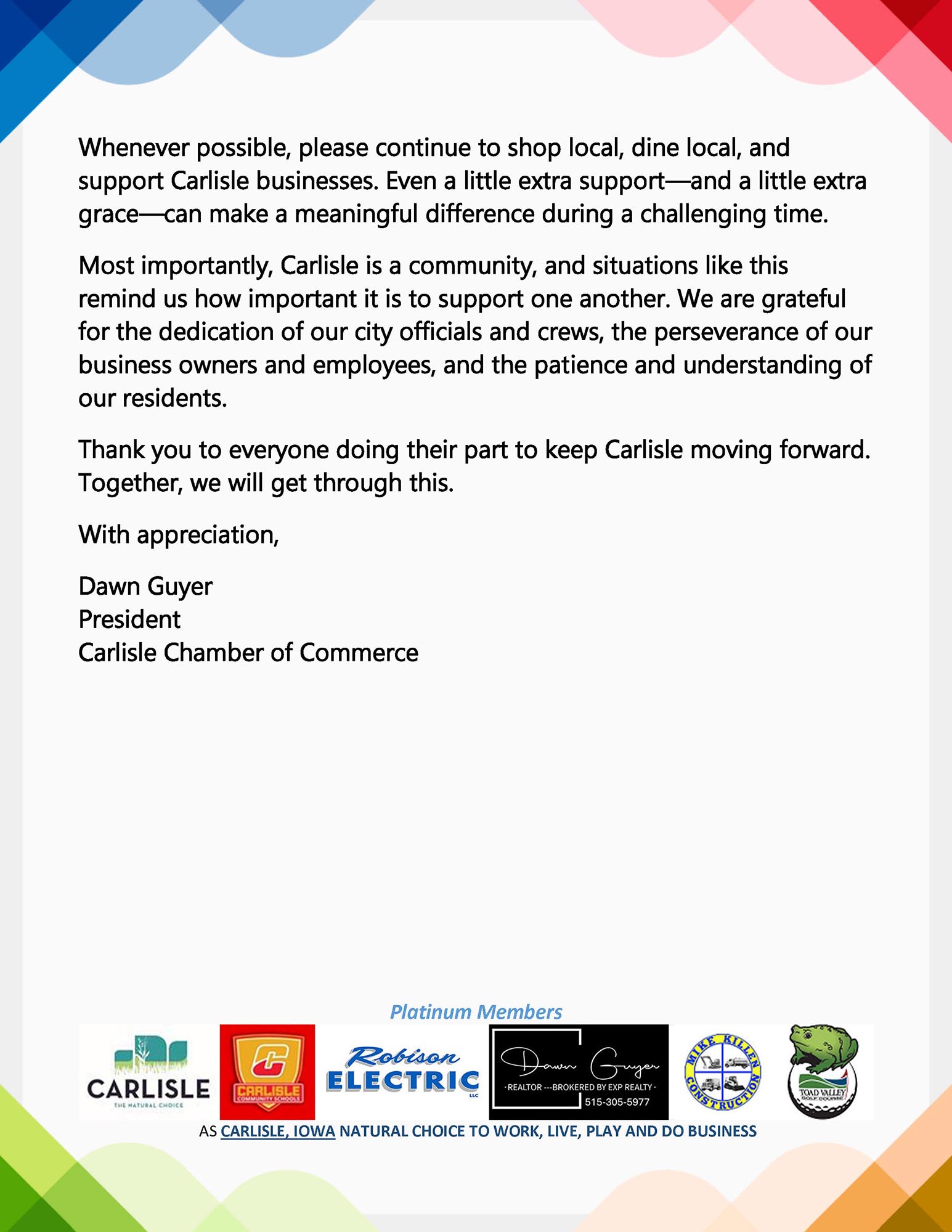 Letter from the Carlisle Chamber of Commerce president encouraging the community to support local businesses, followed by the logos of six platinum member businesses.