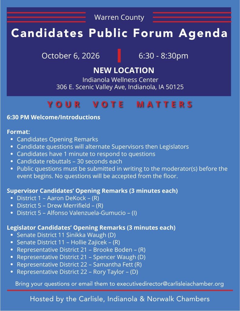 A flyer for the Warren County Candidates Public Forum Agenda on Oct 6, 2026, 6:30-8:30 pm at the Indianola Wellness Center. Includes event details, schedule, and list of participating candidates.