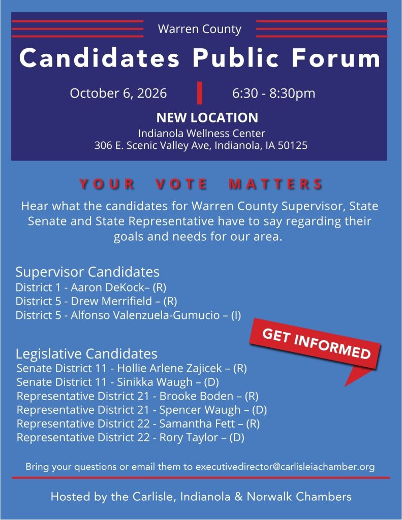 Flyer for the Warren County Candidates Public Forum on Oct 6, 2026, 6:30-8:30 pm at the Indianola Wellness Center, listing supervisor and legislative candidates, event details, and contact information for questions.